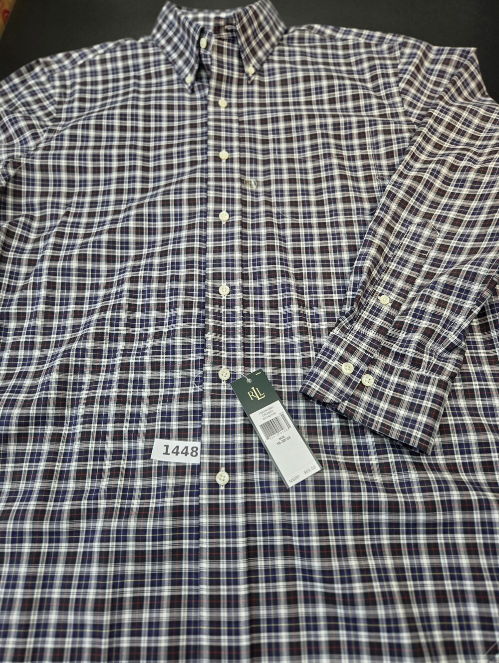 Ralph Lauren Navy and White Plaid Button-Down Shirt New NWR #1448